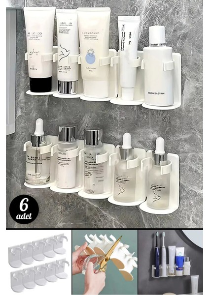 6'lı Ayarlanabilir Duvara Monte 5 Bölmeli Raf Pratik Banyo Mutfak Rafı Yapışkanlı Kesilir Askılık