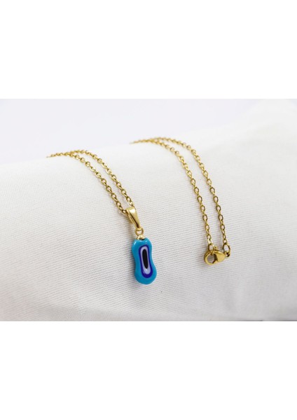 Minimal Mavi Elips Cam Nazar Boncuklu Kolye, Hediyelik Kolye (60 Cm)