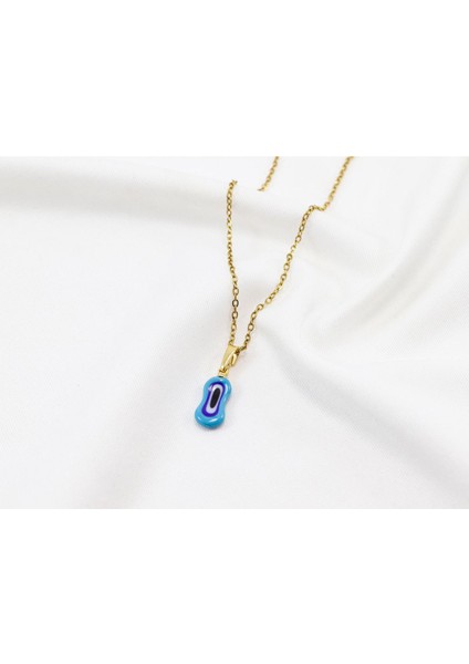 Minimal Mavi Elips Cam Nazar Boncuklu Kolye, Hediyelik Kolye (60 Cm)