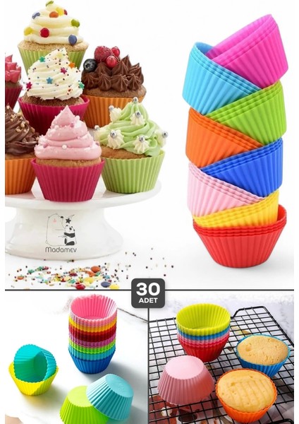 30 Adet Silikon Muffin Kek Kapsülü Yeniden Kullanılabilir Cupcake Browni Kek Kalıbı Renkli