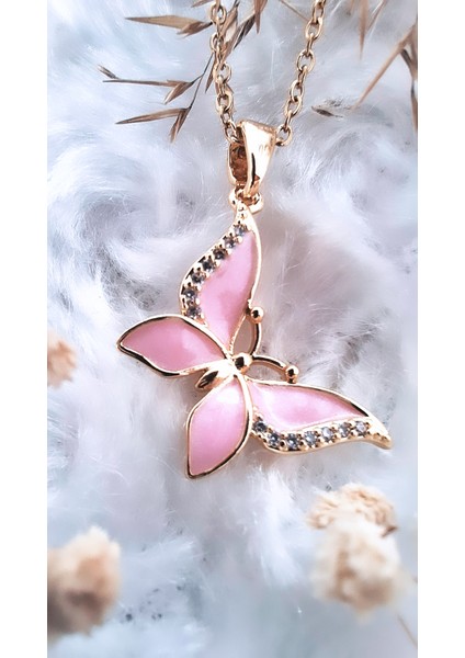 Pembe Mineli Zirkon Taşlı Kelebek Figür Çelik Kolye