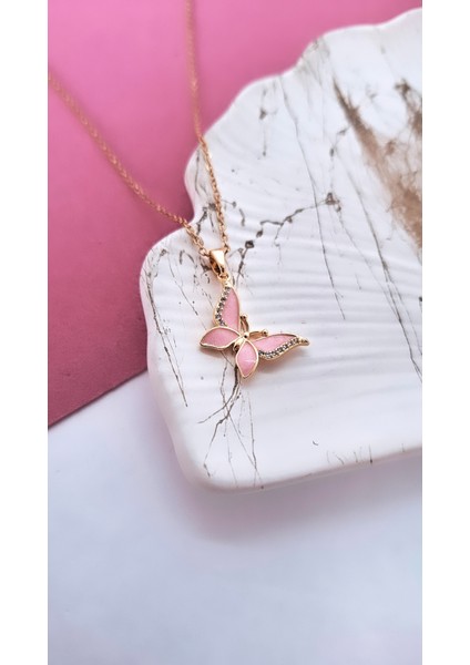 Pembe Mineli Zirkon Taşlı Kelebek Figür Çelik Kolye indirimleri