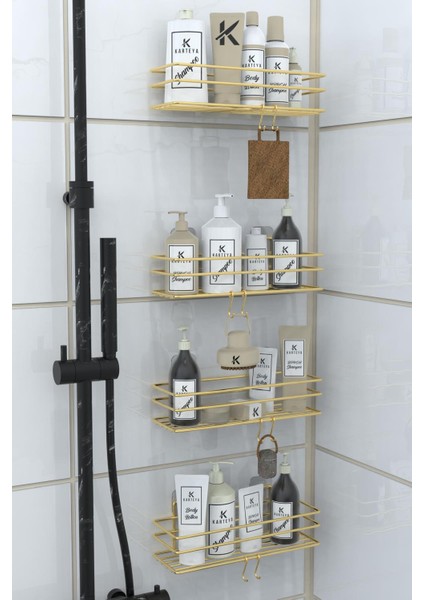 Gold Yapışkanlı Banyo Düzenleyici Şampuanlık Duş Rafı Banyo Organizeri 4'lü Set