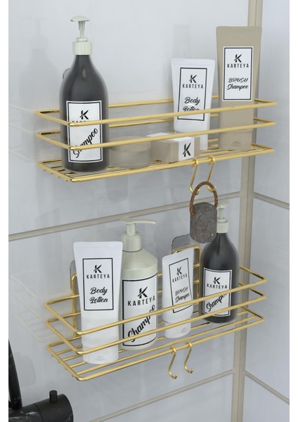 Gold Yapışkanlı Banyo Düzenleyici Şampuanlık Duş Rafı Banyo Organizeri 4'lü Set