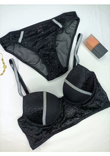 Kroko Desen Simli Sütyen Takım Push Up Destekli