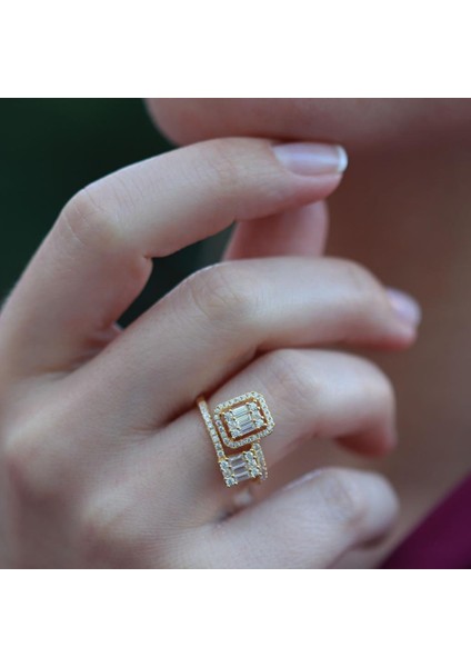 Floral Vine Halo Baget Kesim Gold Kaplama Sky Diamond Gümüş Yüzük