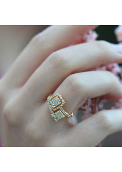 Floral Vine Halo Baget Kesim Gold Kaplama Sky Diamond Gümüş Yüzük modelleri