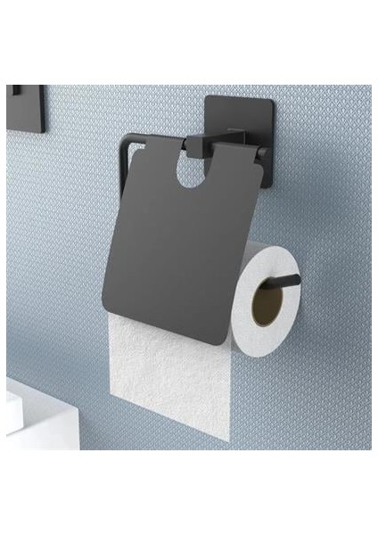 ® Kendiliğinden Yapışkanlı Siyah Paslanmaz Metal Kapaklı Tuvalet Kağıtlığı Aparatı