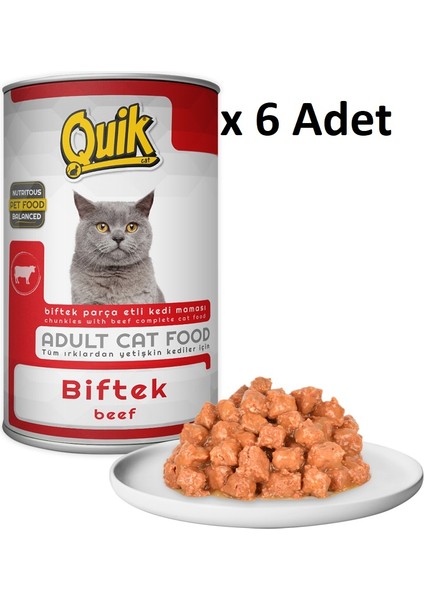 6 Adet Quik Kedi 415 gr Biftekli Konserve Skt: 08/2028