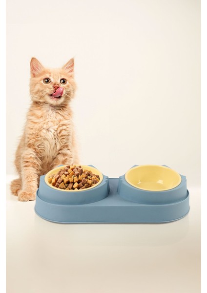 Manuel Çiftli Kedi Köpek Mama ve Su Kabı, 2'li Kedi Köpek Mama Kabı, Yükseltilmiş Eğimli Mama Kabı