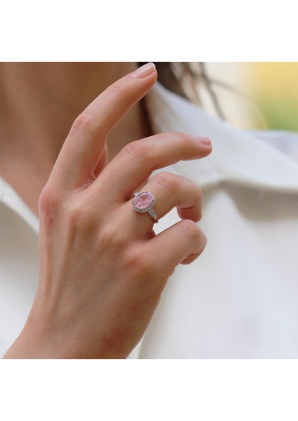 Pembe Zirkon Taşlı Oval Gümüş Yüzük