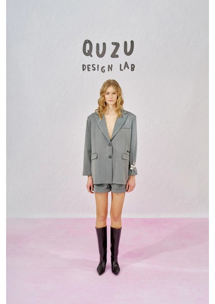 Nakış ve Etiketli Kruvaze Yaka Blazer Ceket