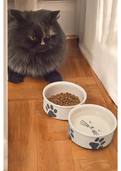 Manuel 2li Seramik Kedi Köpek Mama Kabı&su Kabı 12CM (300ML) Seramik Tr 300 ml Bej