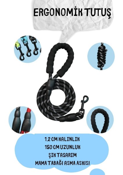 350 ml Köpek Gezdirme Tasması, 1.2 cm Kalınlık x 150 cm Uzunluk Extra Katlanabilir Mama&su Kabı Hed