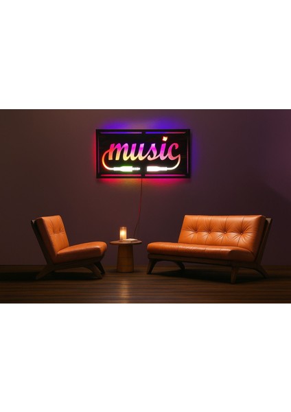 Musıc Figürlü LED Işıklı Tablo, Duvar Dekor Ahşap, Neon Işık, Duvar Süsü
