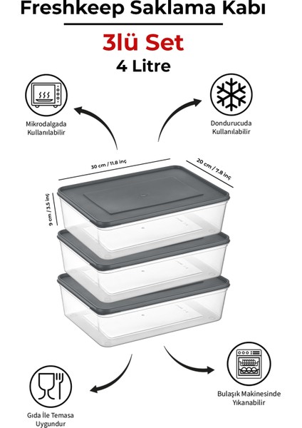 3'lü Saklama Kabı 4 Litre Derin Dondurucu Mikrodalga Uyumlu