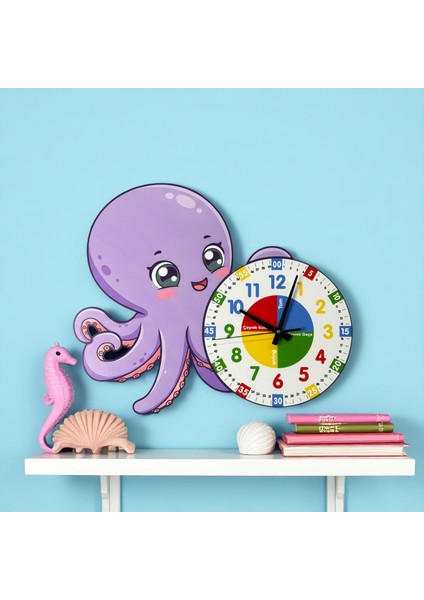 Montessori Eğitici Ahtapot Temalı Renkli Çocuk Duvar Saati | Ahşap Malzeme + Uv Baskı