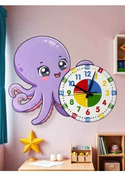 Montessori Eğitici Ahtapot Temalı Renkli Çocuk Duvar Saati | Ahşap Malzeme + Uv Baskı fiyatları