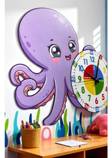 Montessori Eğitici Ahtapot Temalı Renkli Çocuk Duvar Saati | Ahşap Malzeme + Uv Baskı modelleri