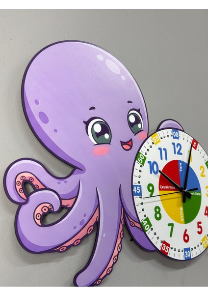 Montessori Eğitici Ahtapot Temalı Renkli Çocuk Duvar Saati | Ahşap Malzeme + Uv Baskı fırsatları