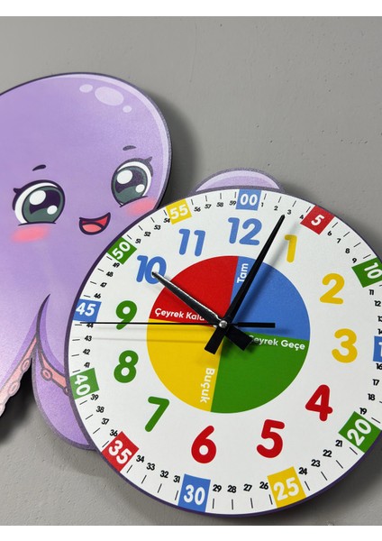 Montessori Eğitici Ahtapot Temalı Renkli Çocuk Duvar Saati | Ahşap Malzeme + Uv Baskı indirimleri