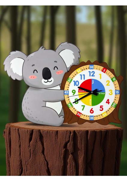 Montessori Eğitici Koala Temalı Çocuk Duvar Saati | Renkli Ahşap Saat – Uv Baskı