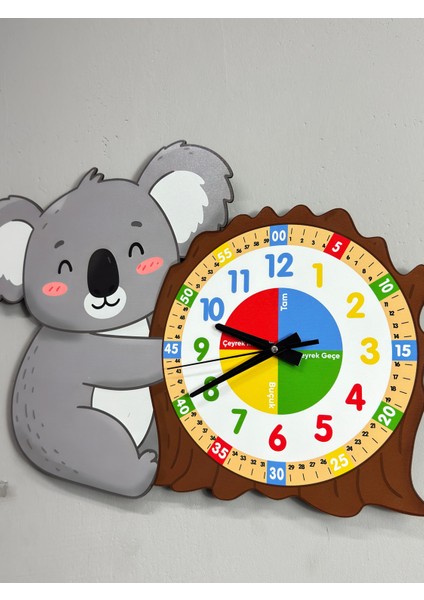 Montessori Eğitici Koala Temalı Çocuk Duvar Saati | Renkli Ahşap Saat – Uv Baskı indirimleri