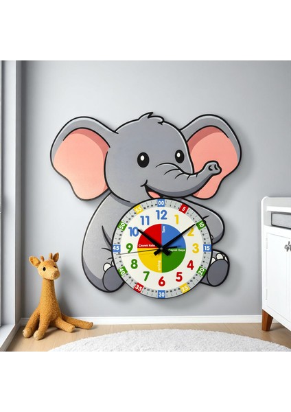 Montessori Eğitici Fil Temalı Çocuk Duvar Saati | Renkli Ahşap Saat + Uv Baskı fiyatları