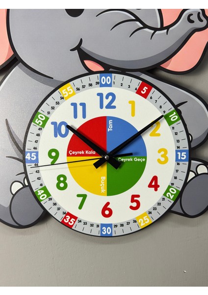 Montessori Eğitici Fil Temalı Çocuk Duvar Saati | Renkli Ahşap Saat + Uv Baskı modelleri