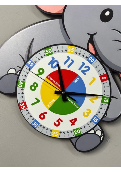 Montessori Eğitici Fil Temalı Çocuk Duvar Saati | Renkli Ahşap Saat + Uv Baskı fırsatları