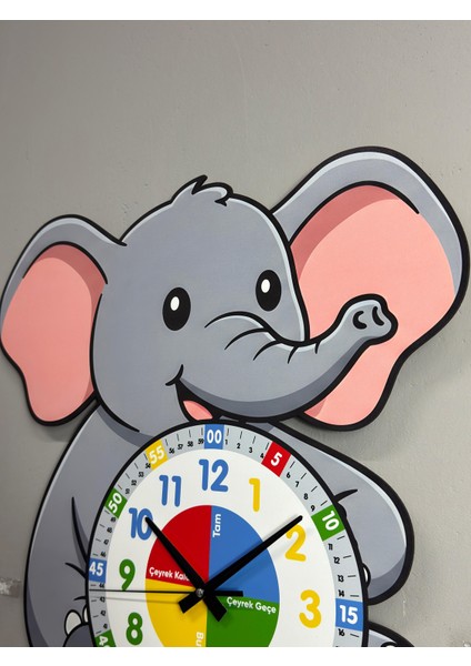 Montessori Eğitici Fil Temalı Çocuk Duvar Saati | Renkli Ahşap Saat + Uv Baskı indirimleri