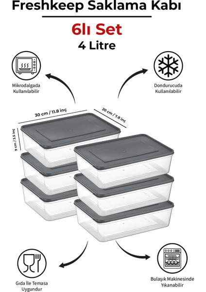 6'lı Saklama Kabı 4 Litre Derin Dondurucu Mikrodalga Uyumlu