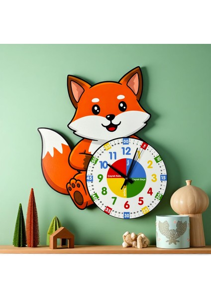 Montessori Eğitici Tilki Temalı Çocuk Duvar Saati | Renkli Ahşap Saat + Uv Baskı