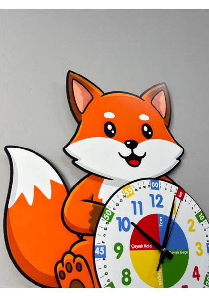 Montessori Eğitici Tilki Temalı Çocuk Duvar Saati | Renkli Ahşap Saat + Uv Baskı fiyatları