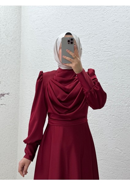 Orelenya Önü Büzgülü Saten ABIYE-GE8112 Kırmızı