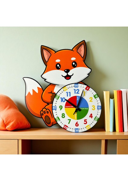 Montessori Eğitici Tilki Temalı Çocuk Duvar Saati | Renkli Ahşap Saat + Uv Baskı modelleri