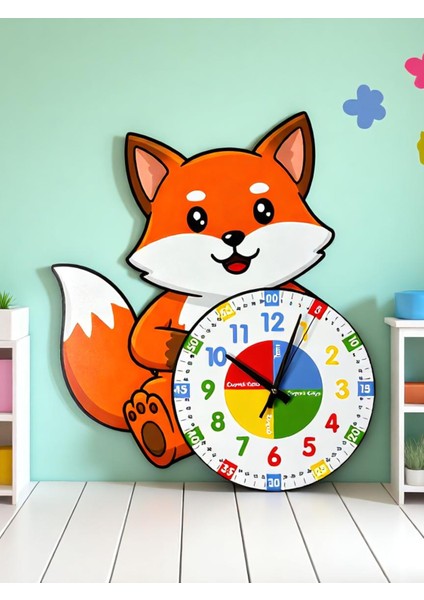 Montessori Eğitici Tilki Temalı Çocuk Duvar Saati | Renkli Ahşap Saat + Uv Baskı indirimleri