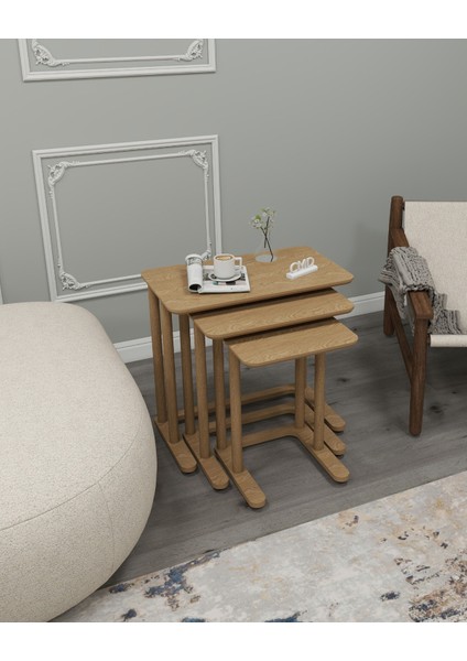 Modenza Zigon Sehpa – Modern 3’lü Sehpa Seti Ahşap Görünümlü Minimal Tasarım Salon & Oturma Odası