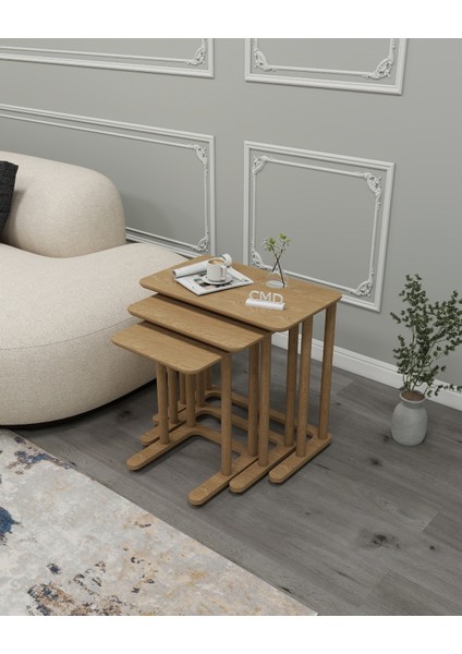 Modenza Zigon Sehpa – Modern 3’lü Sehpa Seti Ahşap Görünümlü Minimal Tasarım Salon & Oturma Odası