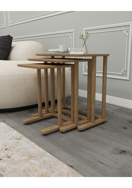Modenza Zigon Sehpa – Modern 3’lü Sehpa Seti Ahşap Görünümlü Minimal Tasarım Salon & Oturma Odası
