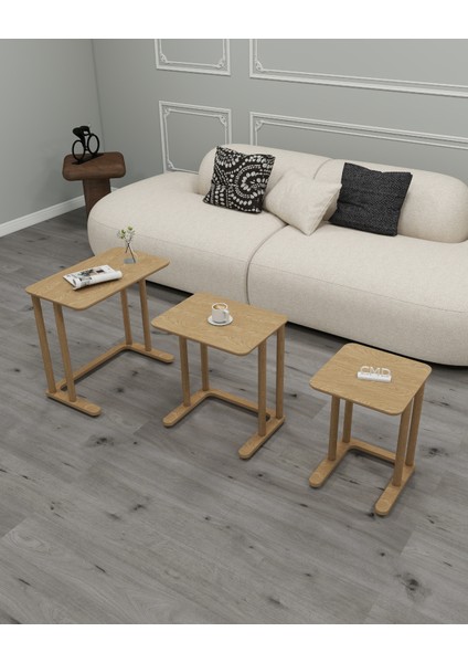 Modenza Zigon Sehpa – Modern 3’lü Sehpa Seti Ahşap Görünümlü Minimal Tasarım Salon & Oturma Odası