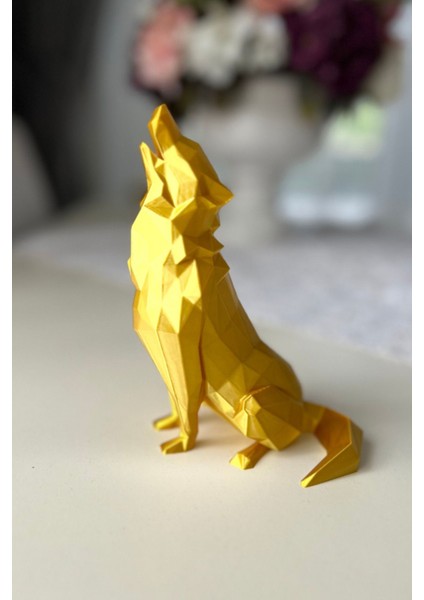 Geometrik Uluyan Kurt Heykeli - Altın Rengi Fasetli Tasarım - 15X10 cm Modern Ev Ofis Dekoru fırsatları