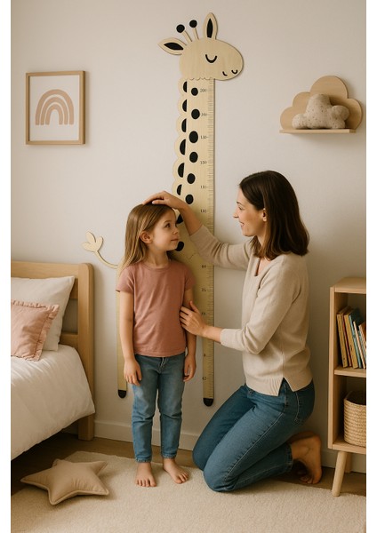 Sevimli Zürafa Şekilli Ahşap Boy Ölçer - Montessori Çocuk Odası Dekoru