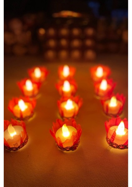 Kırmızı Ledli Kına El Mumu, Sünnet, LED Işıklı, Tealight Mum Pilli 12 Adet, Düğün, Nedime, Bride,