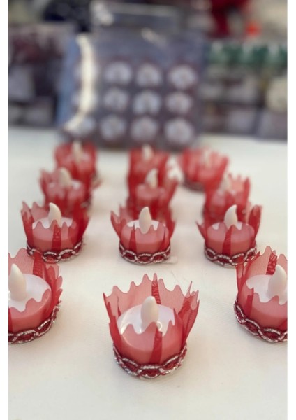 Kırmızı Ledli Kına El Mumu, Sünnet, LED Işıklı, Tealight Mum Pilli 12 Adet, Düğün, Nedime, Bride,