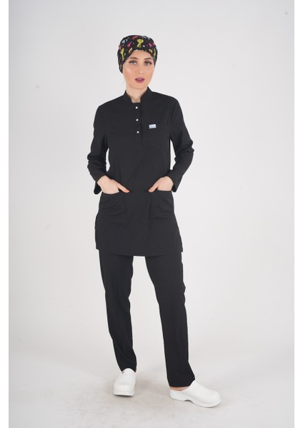 Siyah Renk Sakura Model Tesettür Doktor Hemşire Scrubs Üniforma Takımı