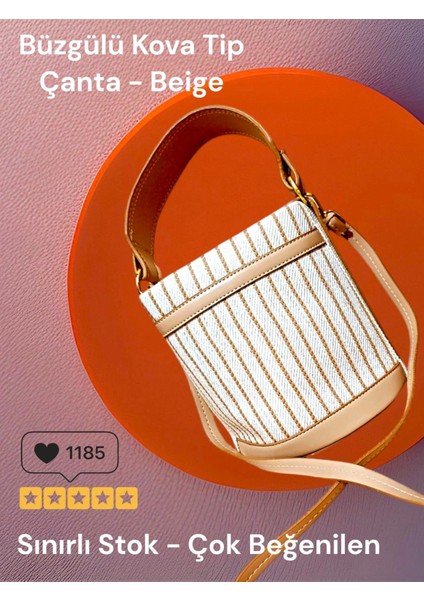 Litaetrend Büzgülü Kova Tip Çanta - Çizgili Bej