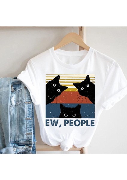 Basic Kadın Kedi Tatlı Evcil Hayvan Tshirt 26 Unisex Dijital Baskı Dokuma Bisiklet Yaka Orta Type 1