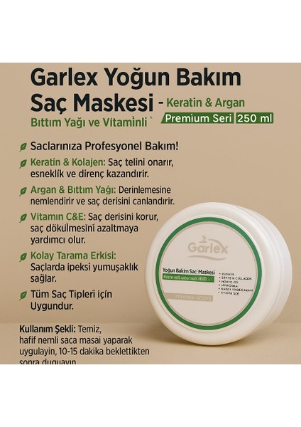 Yoğun Bakım Saç Maskesi/Keratin&Argan,Bıttım Yağlı ve C&E vitaminli Premium Seri 250 ml fırsatları