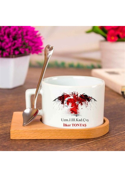 Ahşap Tepsili Seramik Kahve ve Çay Fincan Seti - Asker Bayrak